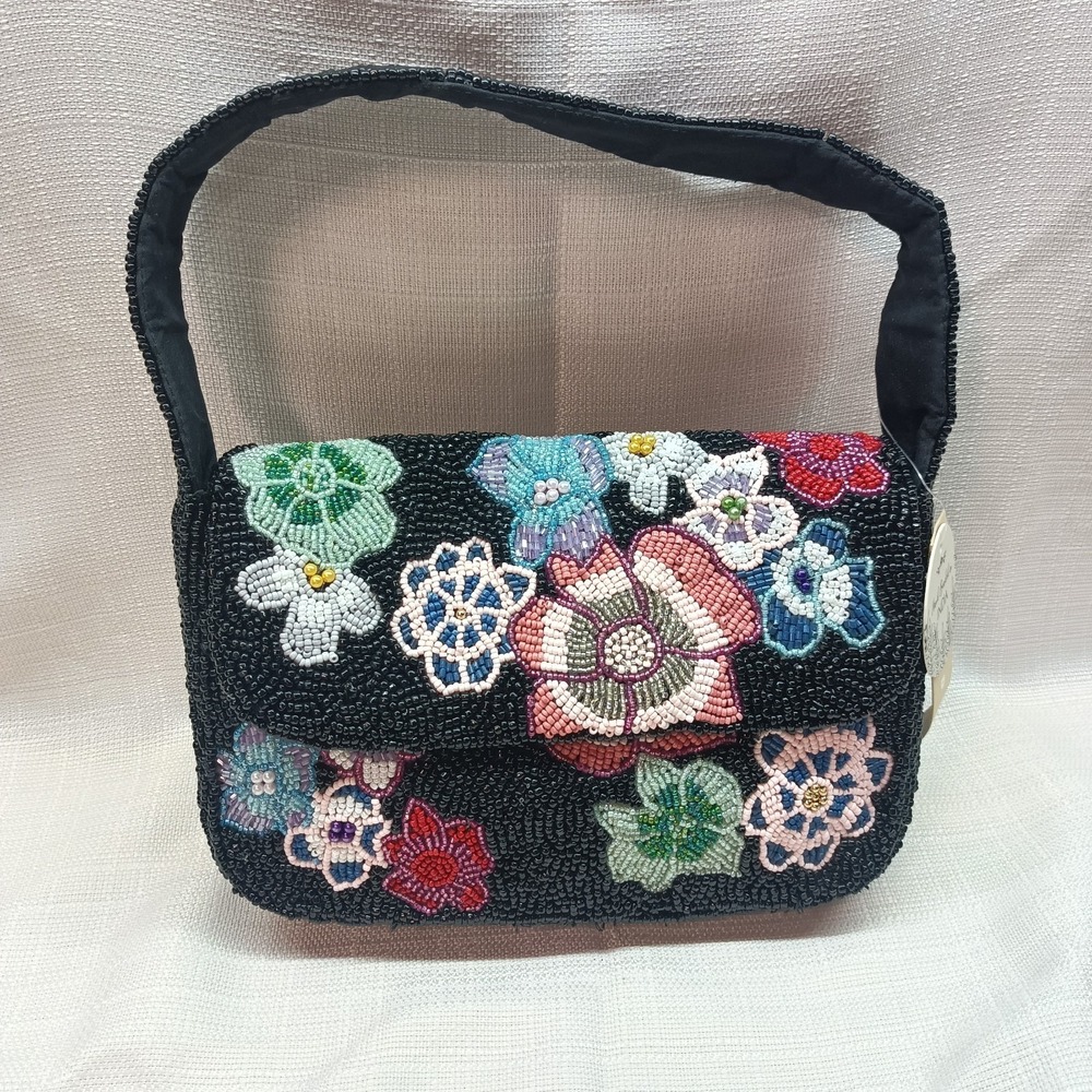 NWT Studio 12 Black Beaded Floral Pattern Handbag Handmade In India Viral TikTok